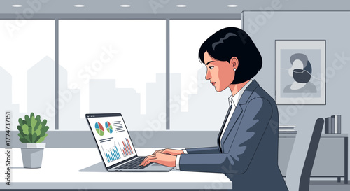Focused Businesswoman Analyzing Data on Laptop in Modern Office