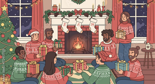 Cozy Christmas Eve Friends Gathering Around Fireplace with Gifts