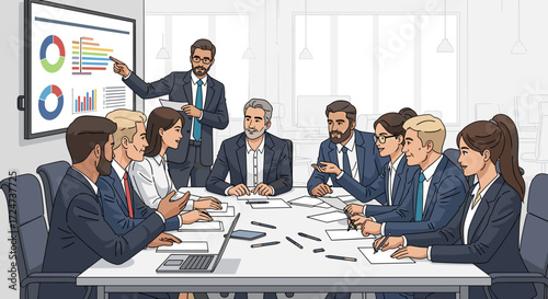 Corporate professionals in a strategic business meeting, analyzing financial data and market trends presented on a large screen for critical executive decision-making