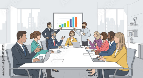 Diverse team of professionals collaborating in a modern office setting, discussing a business growth chart on a projector screen during a meeting
