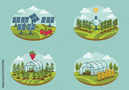 Sustainable farming methods showcased: solar panels powering irrigation, automated watering systems, and greenhouse cultivation for efficient crop production.