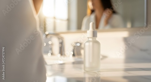 A serene self-care ritual featuring a cosmetic dropper bottle on a sunlit marble bathroom vanity during a daily skincare routine