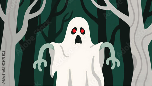 Fear Ghost On Green Forest Illustrator Artwork Banner Background Design Template 
