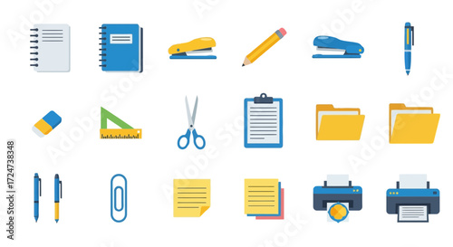 Collection of office supplies and stationery items, including notebooks, staplers, pens, pencils, erasers, rulers, scissors, clipboards, folders, and a printer.