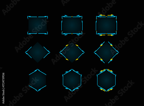 Futuristic Cyberpunk Neon Frame Pack Tier Progression Square Diamond Hexagon Shapes Blue Yellow Digital Sci Fi Tech UI HUD Overlay Panel Badge Emblem Gaming Vector Interface