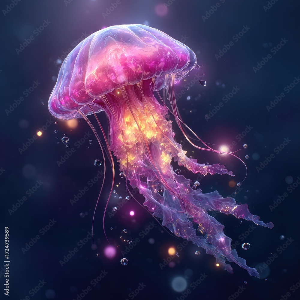 Naklejka premium Glowing jellyfish, vibrant colors, underwater scene (1)