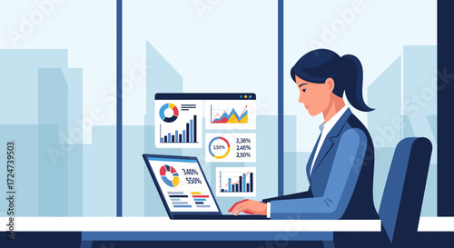 Businesswoman analyzing financial data on a laptop, with graphs and charts displayed, representing market analysis and business strategy
