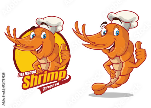 Shrimp Mascot Chef Characters Smiling Seafood Logo Vector Illustration
