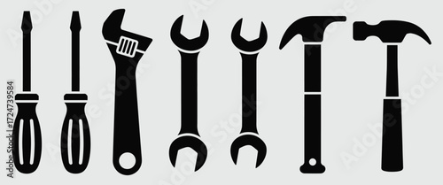 Collection of screwdrivers wrenches and hammers silhouette vector illustration scalable eps icon vector