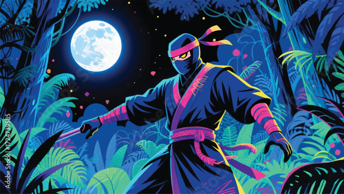 Ninja In The Forest Illustrator Artwork Banner Background Design Template 