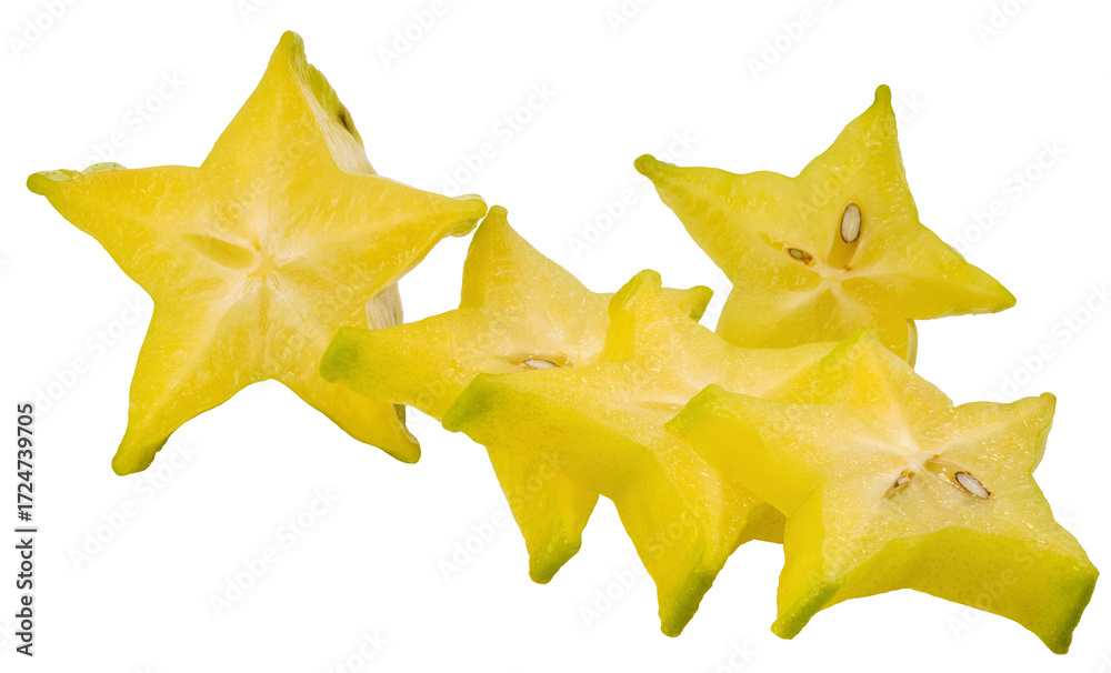Fototapeta premium Fresh yellow starfruit slide star shape on white background, Starfruit tropical fruit photography isolate on white PNG file..