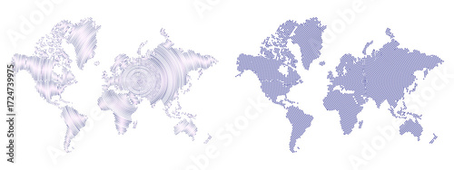 Trending Circle shape dotted vector world map in geometric style in different pattern. Continents with round dotted shape vector pattern. Dotted shape earth pattern showcasing all country of the world