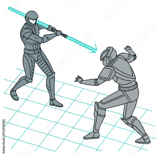 Two futuristic armored warriors engage in a lightsaber duel on a grid floor