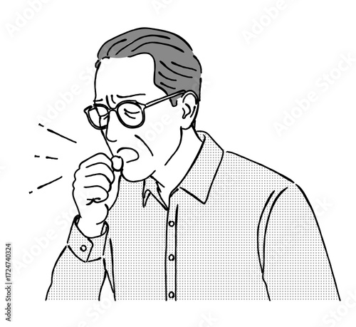 苦しそうに咳やくしゃみをするシニア男性のおしゃれな線画アイコンベクターイラスト / 花粉症 / 風邪 / アレルギー / ラインアート 