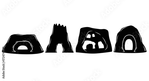 Collection of silhouette cave entrances natural rock formations primitive dwelling abstraction vector