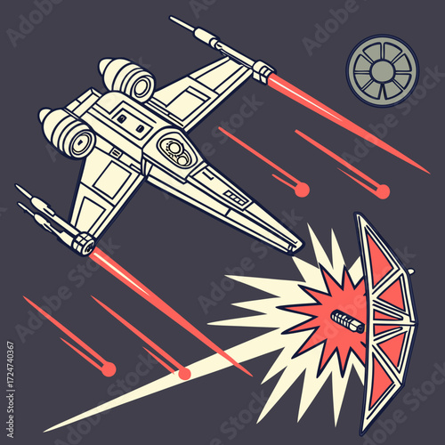 Space battle scene with fighter spaceship firing lasers at enemy spacecraft