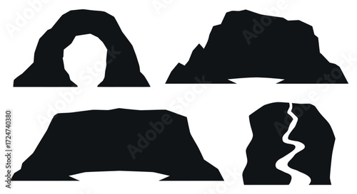 Silhouette collection natural rock formations caves arches and gorges representing adventure and exploration vector