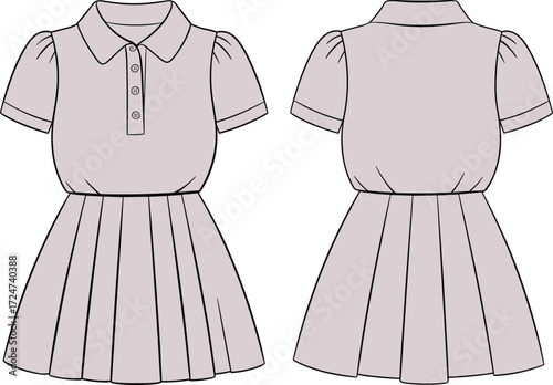 Pink polo collar dress for children with pleated skirt, short puff sleeves, and buttoned placket technical fashion sketch vector.