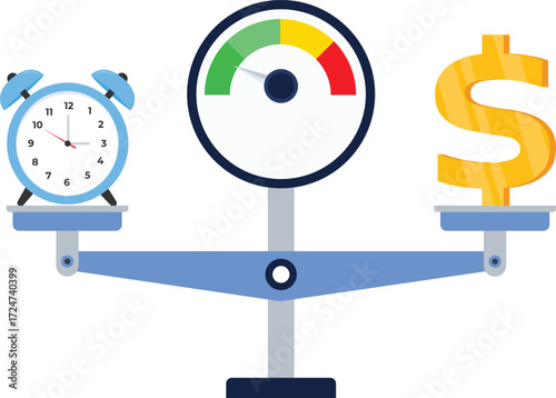 Time is money. Scales icon in flat style. Libra symbol, balance sign. Time management. Dollar and clock icons. Vector design elements for you business projects on color background

