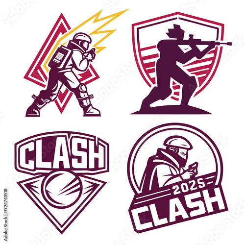 Esport logo set with futuristic soldier and clash text on