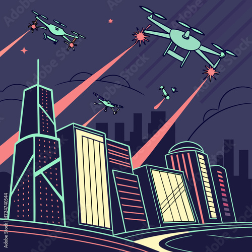 Drones attack the city at night with laser beams, futuristic cityscape