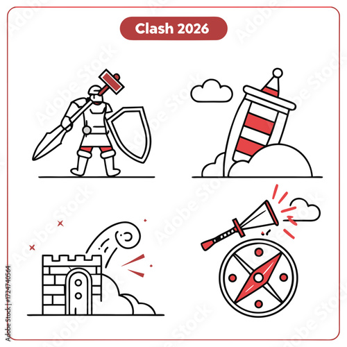 Clash 2026 with knight, lighthouse, castle, and compass