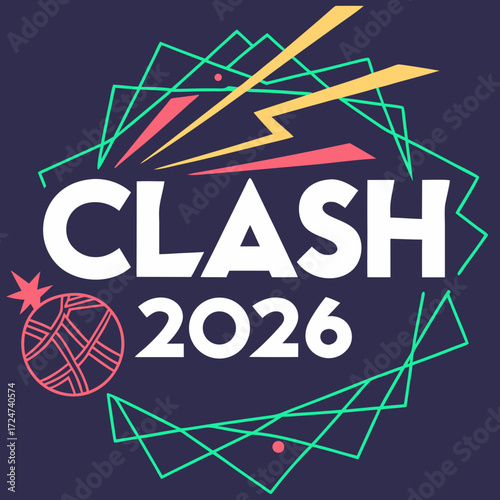 Clash 2026 text with geometric shapes and basketball design element