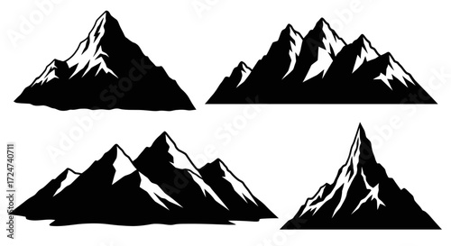 Four detailed black and white mountain peaks set artistic rendering majestic peaks vector