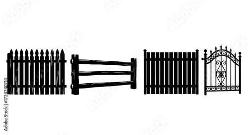 Collection of decorative garden fences and gates for exterior design and landscaping vector
