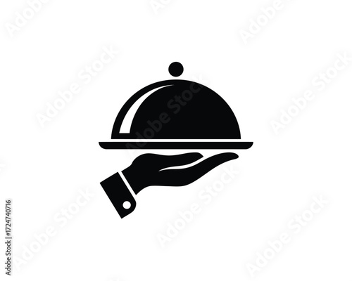 Minimalist black and white vector food service icon elegant hand holding serving dish scalable eps vector
