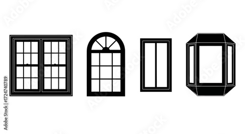 Collection of four distinct black architectural window styles for interior design and renovation projects vector
