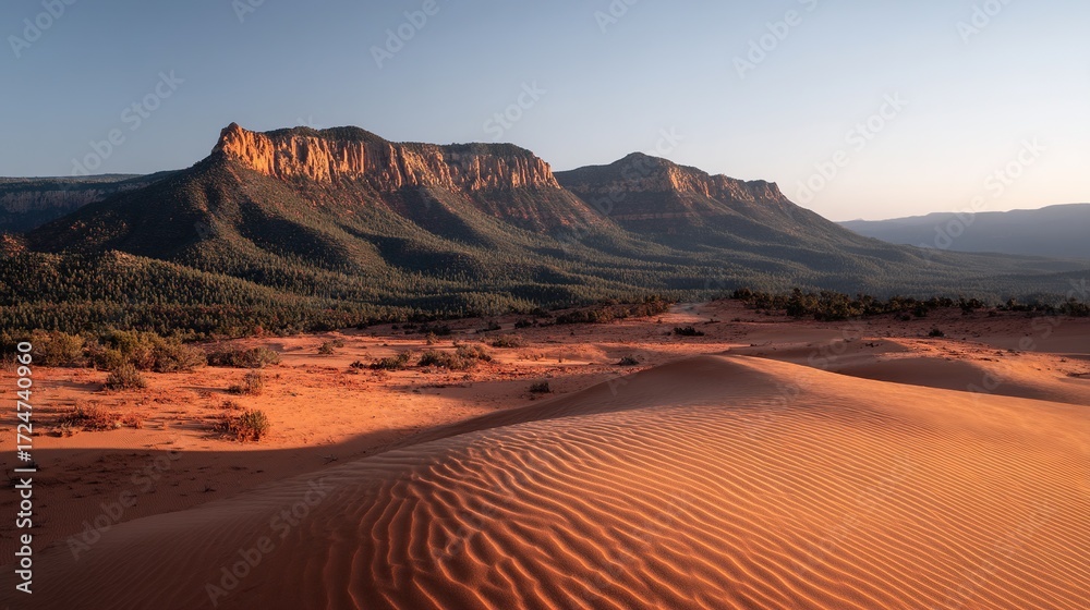 Naklejka premium The spectacular sunset view over the dunes, with mountains in the background, creates a touching and unforgettable moment, becoming a beautiful and peaceful memory.