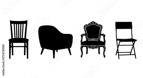 Collection of silhouette chairs various styles furniture design objects isolated set vector