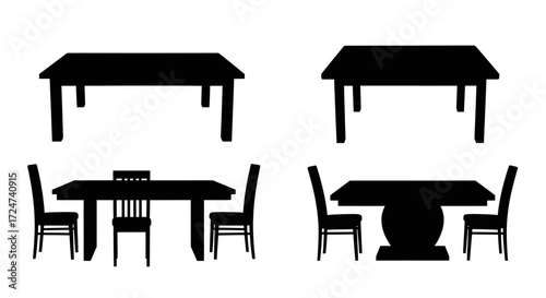 Collection of dining tables and chairs silhouettes simple furniture icons for interior design vector