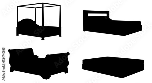 Collection of four distinct bed silhouettes showing diverse furniture styles for bedroom design vector