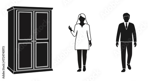 Wardrobe and silhouettes of woman in lab coat and businessman in suit vector
