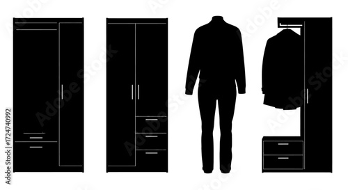 Wardrobe and clothing silhouettes for modern home organization and fashion display vector