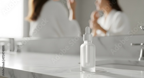 Luxurious self-care morning routine with a glass bottle of hydrating serum in a bright, modern bathroom setting