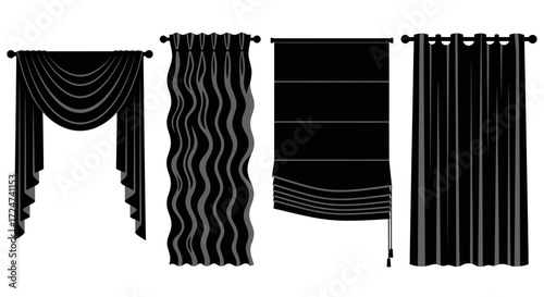 Elegant black curtains and drapes showcase various styles and textures for home decor vector