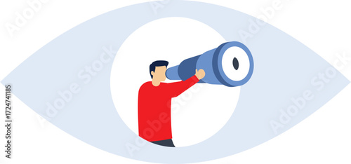 Businessman holding a telescope standing inside the eyes looking into the distance

