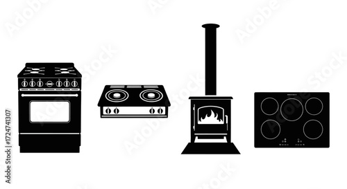Set of four black silhouette kitchen appliances including stove oven wood burner and appliance vector