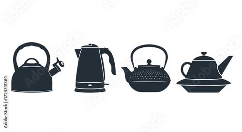 Collection of diverse kettle silhouettes kitchenware icons for beverage preparation and home decor vector