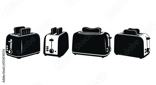 Collection of four sleek modern black toasters arranged in a row on a clean white surface vector
