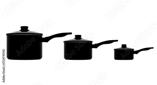 Set of three black saucepan pots with lids for cooking kitchenware collection vector