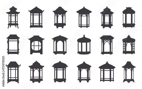 Set of 16 black silhouette asian lantern vector illustrations for decorative and architectural designs vector