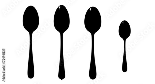 Four shiny black spoons of varying sizes arranged in a row vector