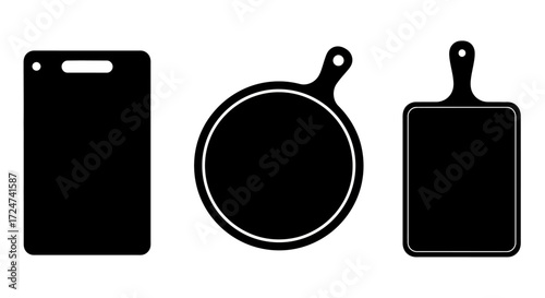 Three distinct silhouettes of kitchen cutting boards and a round serving board isolated vector