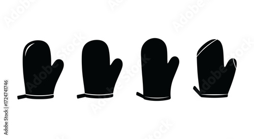 Four black oven mitts showing different positions for kitchen safety and cooking warmth vector