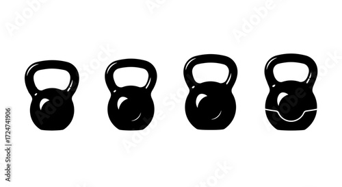 Four black kettlebells displayed in a row demonstrating fitness equipment options vector