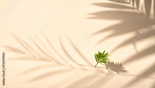 Light beige background with palm leaf shadows and a small green plant